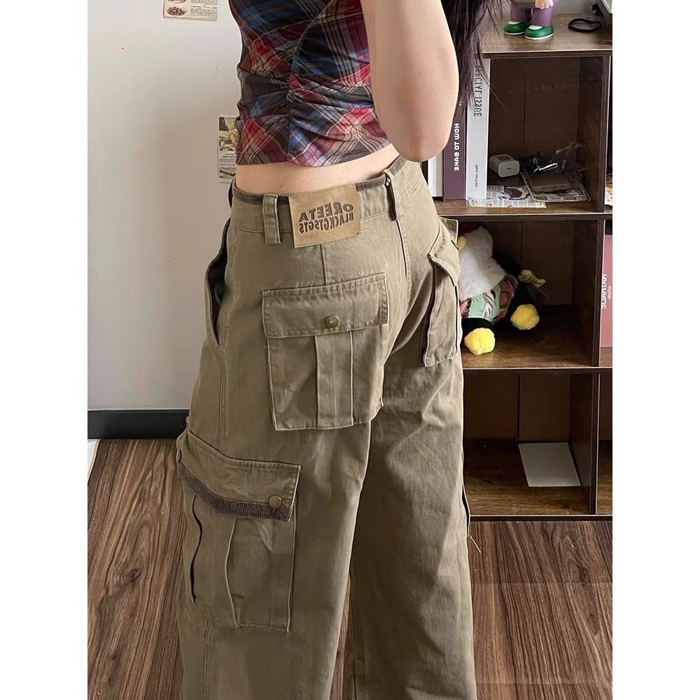 美式复古多口袋工装牛仔裤女2025春季高街阔腿宽松显直筒拖地裤,女装/女士精品,大码裤装,淘宝优惠券,粉丝福利购,淘宝优惠卷