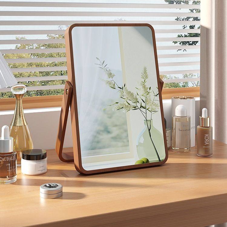 家用简约实木化妆镜台式桌面可折叠梳妆镜女卧室大号随身便携镜子