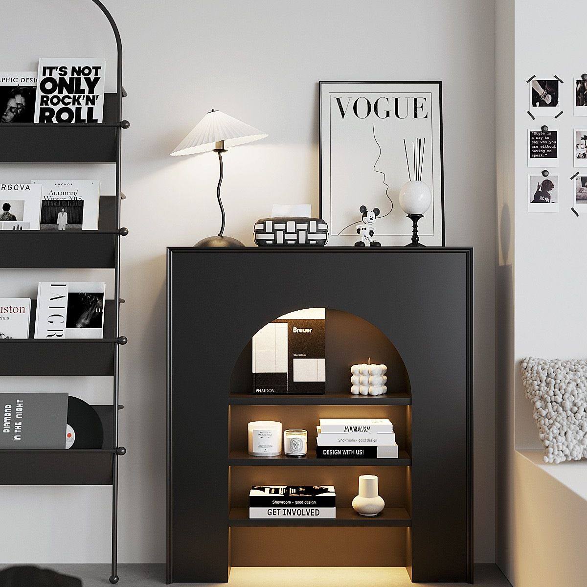 法式带灯壁炉装饰柜黑色展示玄关边柜复古靠墙置物架直播背景