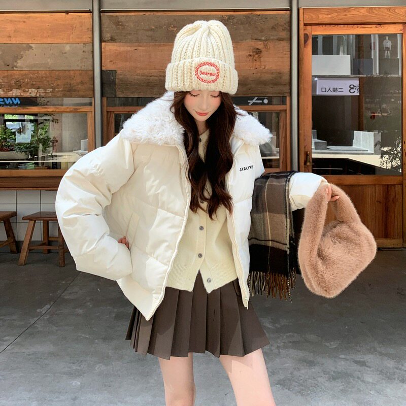 NOHASHTAG奶蓝色羊羔毛领短款羽绒棉服外套女冬季棉袄棉衣面包服