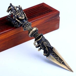 马头杵金刚撅黄铜三面普巴金刚杵带底座复古男士手把件降魔杵摆件