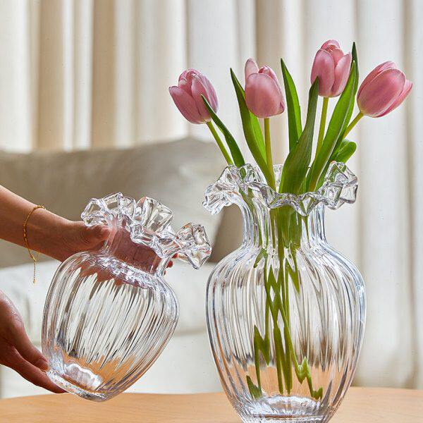 简约欧式客厅摆件透明水培复古鲜花玻璃花瓶餐桌水养波浪插花装饰