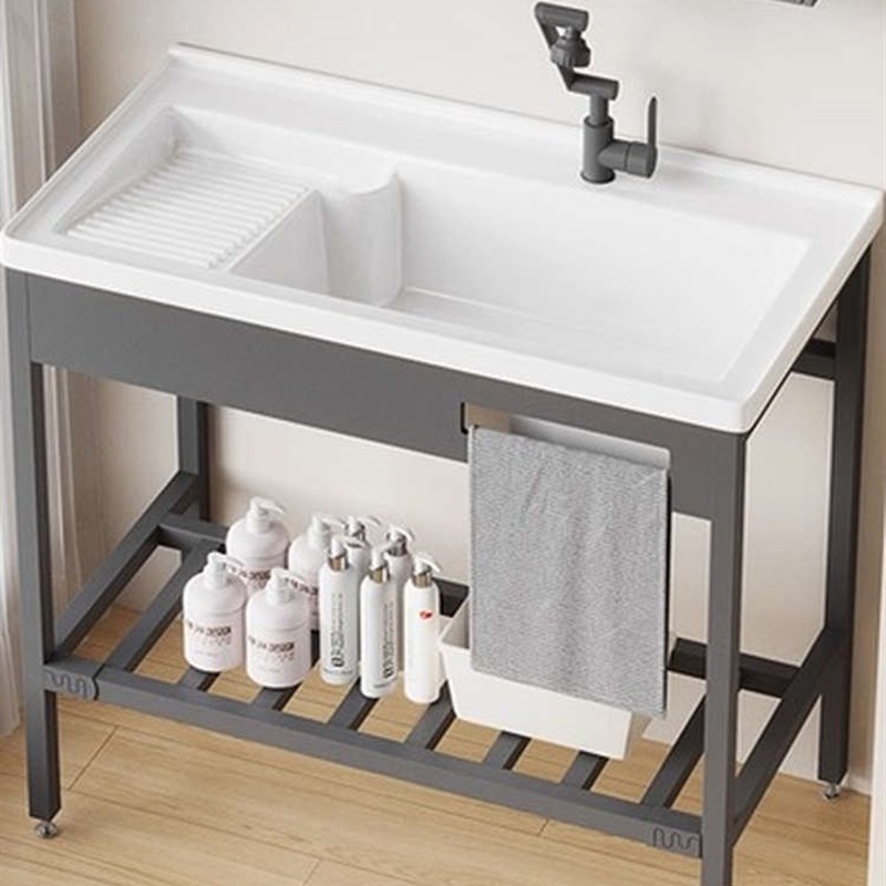 JOMOW免f打孔落地不锈钢支架阳台洗衣盆带搓板陶瓷洗手脸池一体盆