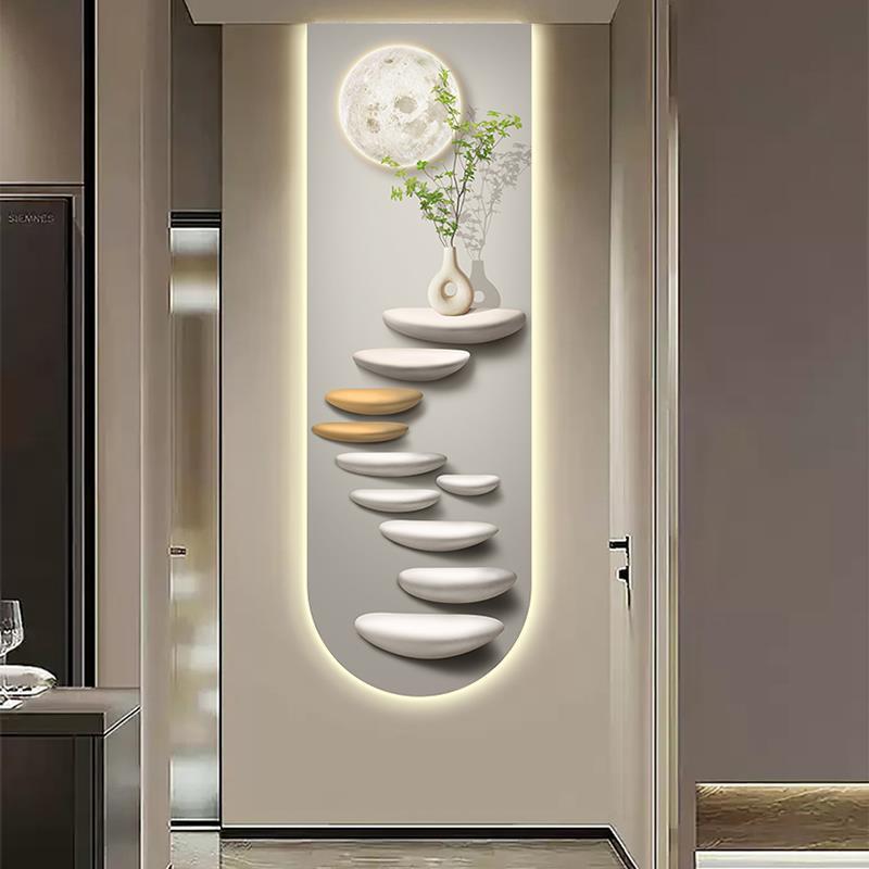 奶油风竖版走廊过道挂画小清新绿植玄关装饰画极简发光造型灯画