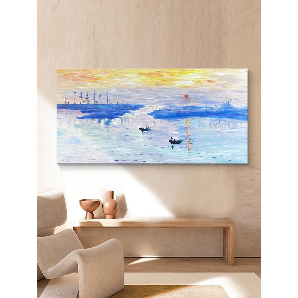 莫奈日出纯手绘油画临摹世界名画抽象风景装饰画客厅横幅肌理挂画