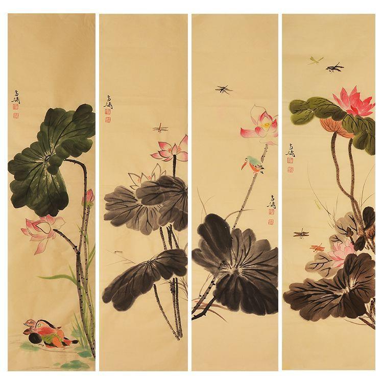 纯手绘王雪涛写意荷花条屏装饰画国画水墨画办公室画壁画山水画