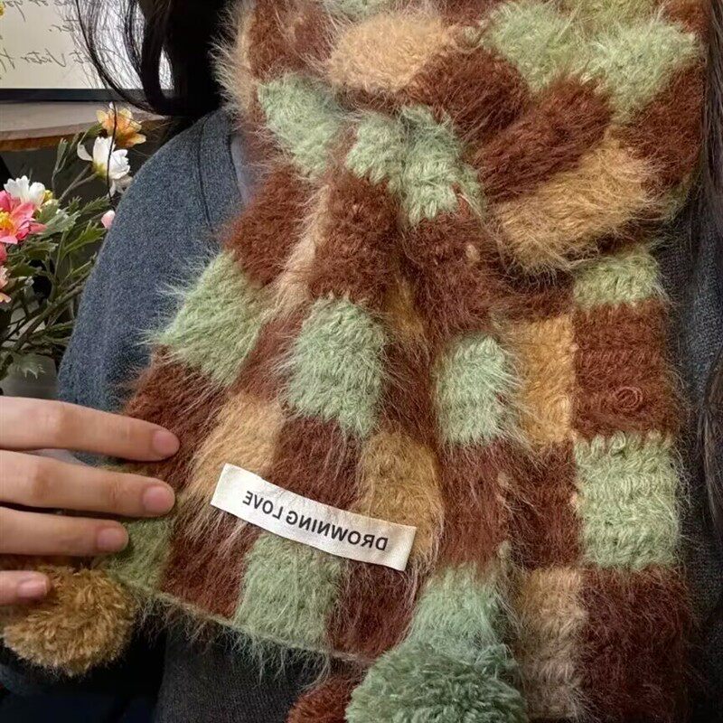 美拉德三色棋盘围巾毛线手工diy材料包雪花纱羊毛撞色围脖送女友