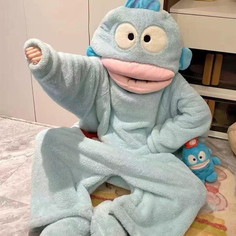 大嘴丑鱼亲子儿童睡衣女款秋冬季珊瑚绒加绒加厚男女童连体家居服