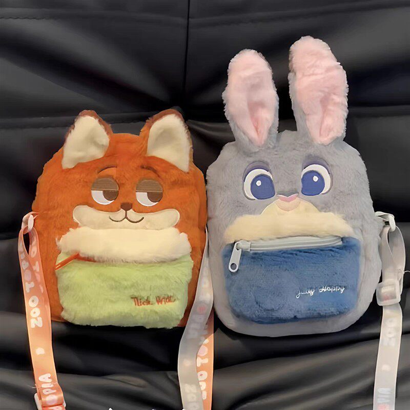 疯狂动物城尼克朱迪毛绒斜挎包可爱单肩手机包创意卡通背包单肩包