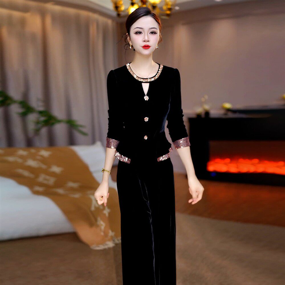 黑色高定轻奢时尚套装女2026年秋季新款妈妈装修身显瘦裤装两件套