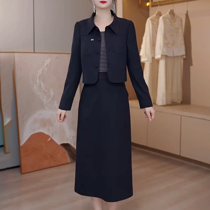 时尚翻领长袖两件套连衣裙女2026春秋新款十三行妈妈洋气套装裙子