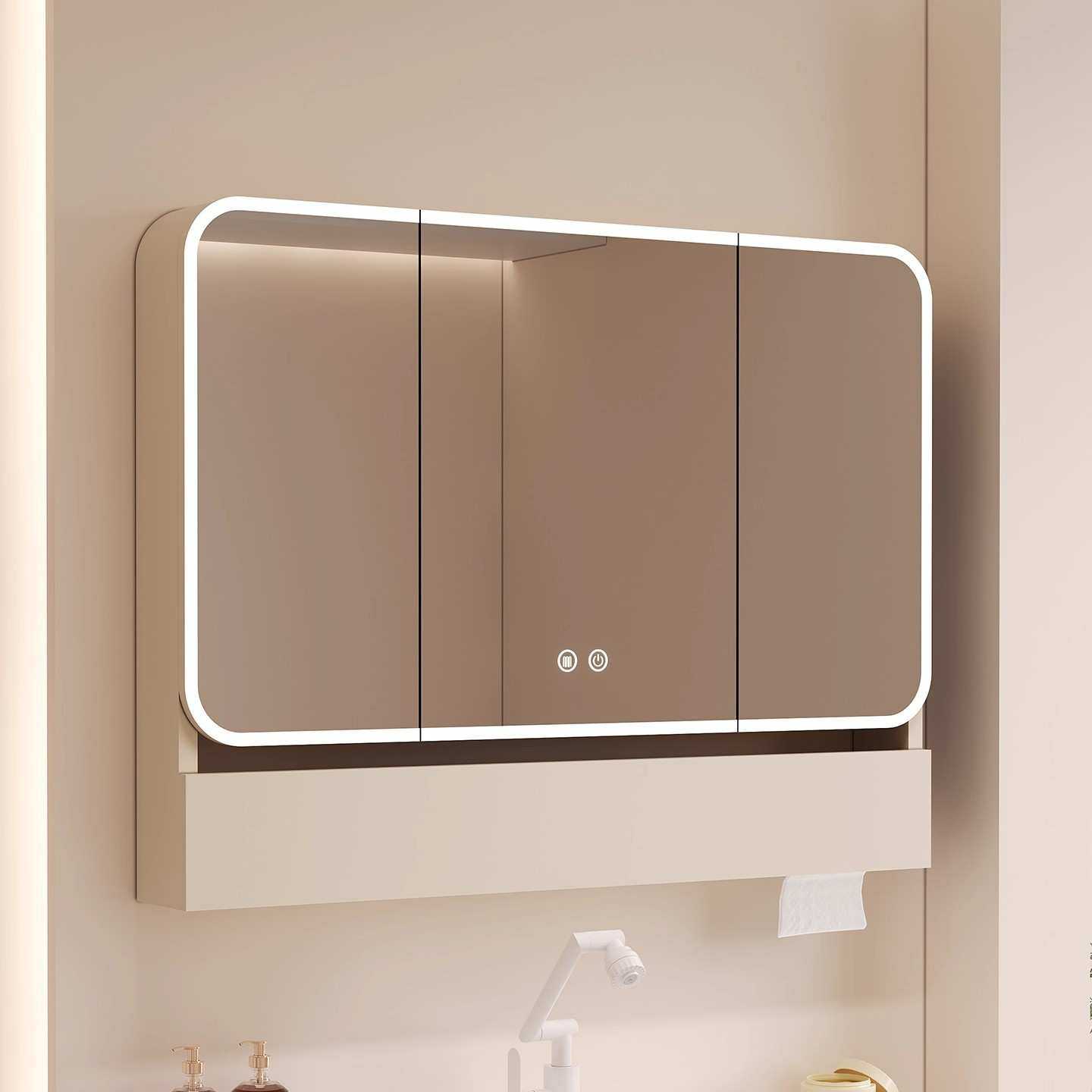 太空铝圆弧形浴室镜柜智能收纳储物柜卫生间挂墙式带梳妆镜抽纸孔