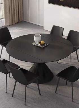 黑色岩板餐桌可变圆桌现代简约家用小户型方圆两用旋转伸缩圆桌木