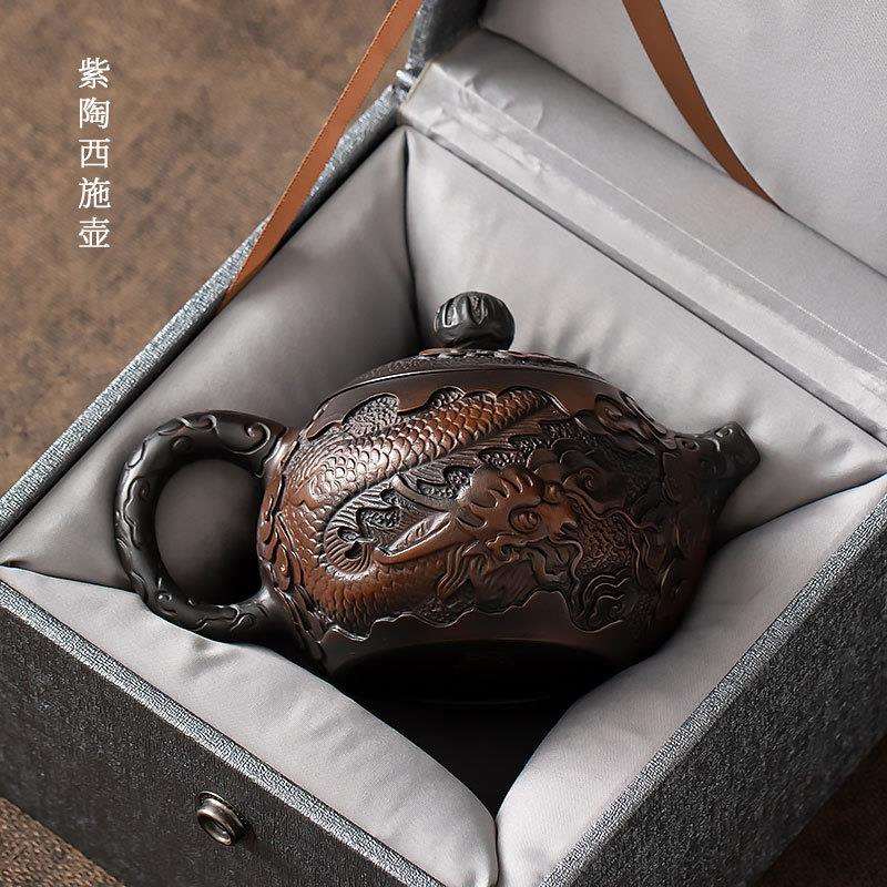 复古满雕紫陶茶壶陶瓷手工西施壶家用大号单壶泡茶器石瓢壶普洱壶