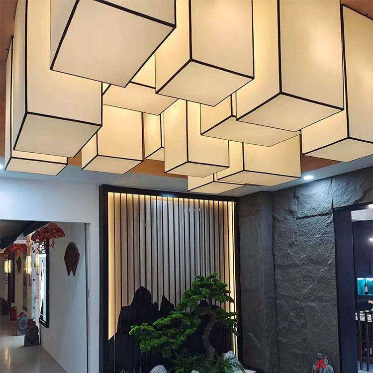 设计师工程布艺吊灯会议大厅餐厅正方形灯罩吸顶灯火锅店大堂灯具