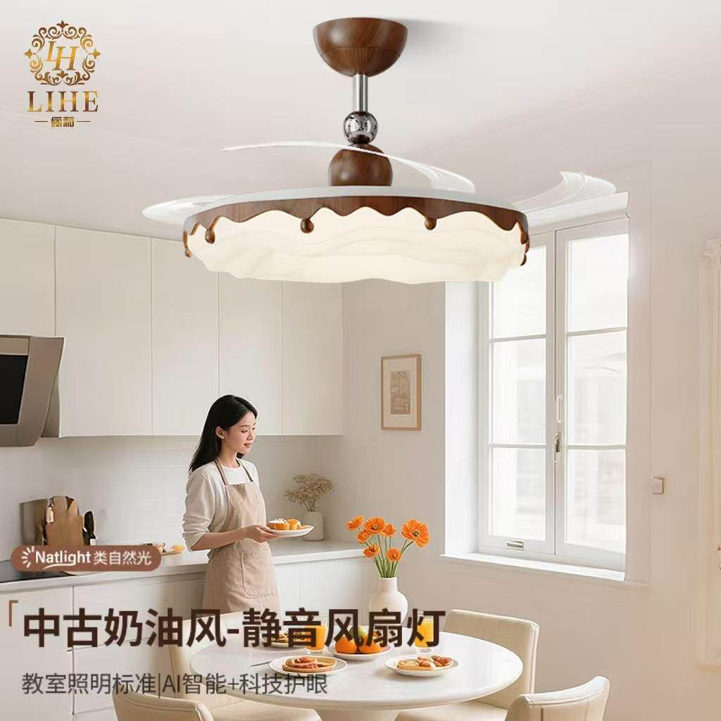 俪和新款北欧极简卧室智能隐形风扇灯奶油风儿泡泡童房普瑞护眼灯