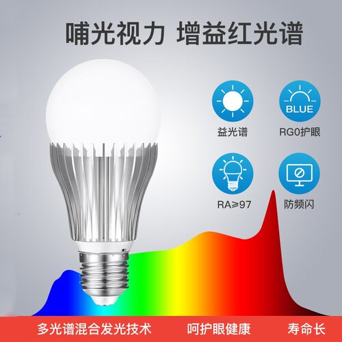 恒大NIR红光增强哺光灯泡全光谱护眼球泡灯Ra98高显指E27学习台灯