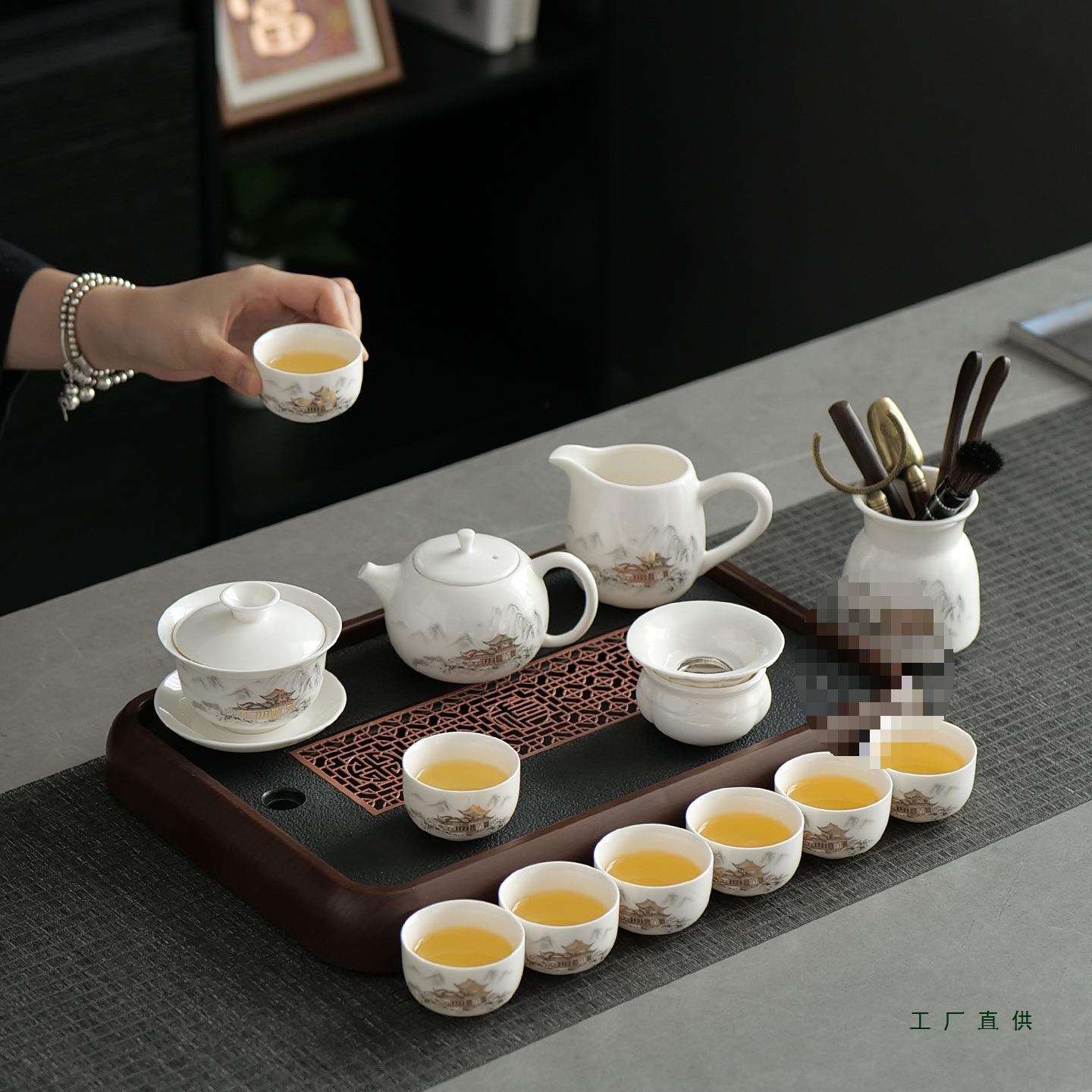 羊脂玉整套茶具套装家用泡茶功夫白瓷盖碗茶杯茶壶办公室会客喝茶