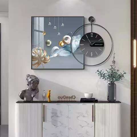 现代风餐厅高端装饰画餐桌钟表客厅新款创意铁艺时钟二联壁画