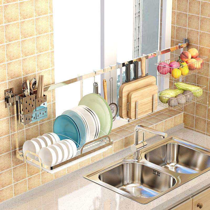 免打孔304不锈钢壁挂厨房置物架挂杆挂钩架家用碗架碗碟沥水架