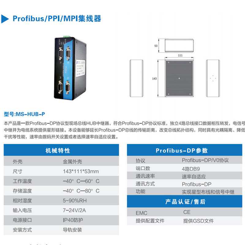 三格Profibus/MPI/PPI总线集线器中继器HUB4路DP接口实现星型布线
