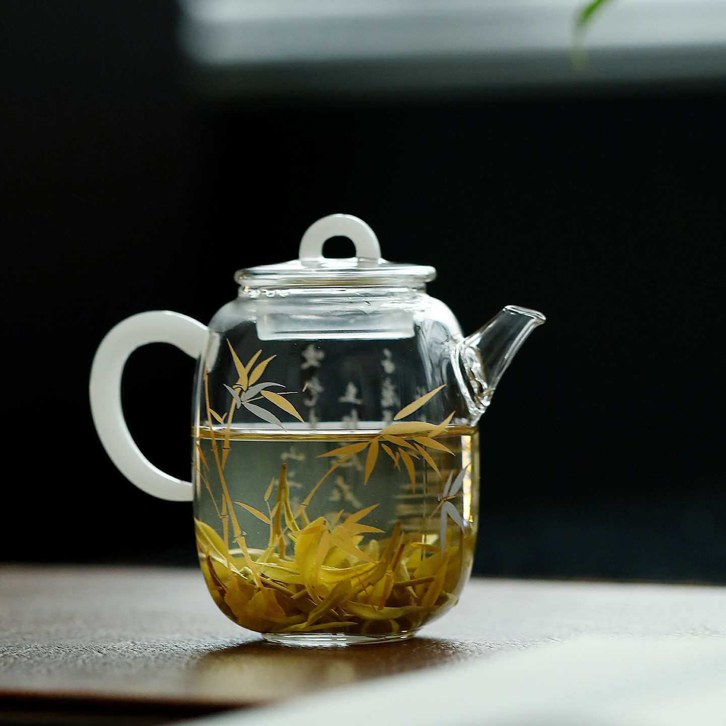 极素金银竹玻璃茶水壶泡茶壶家用女士高颜值单壶喝茶壶单柄四方壶