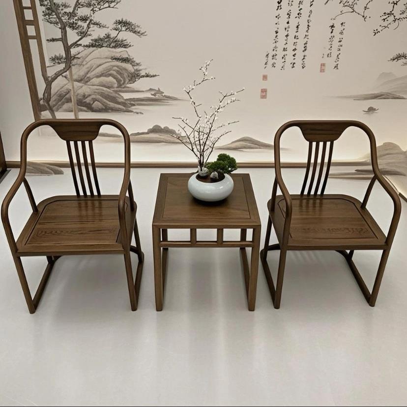 现货新中式白蜡木茶室禅意空间酒店客厅休闲桌椅三件套围椅工厂