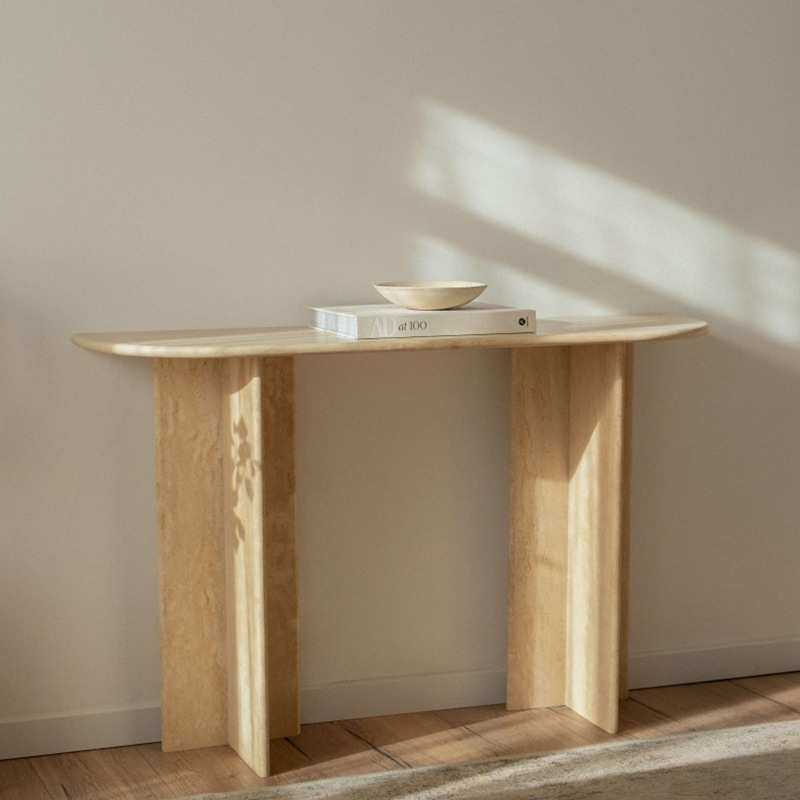 现代极简过道靠墙玄关桌简约设计师样板房轻奢洞石案台入户玄关台