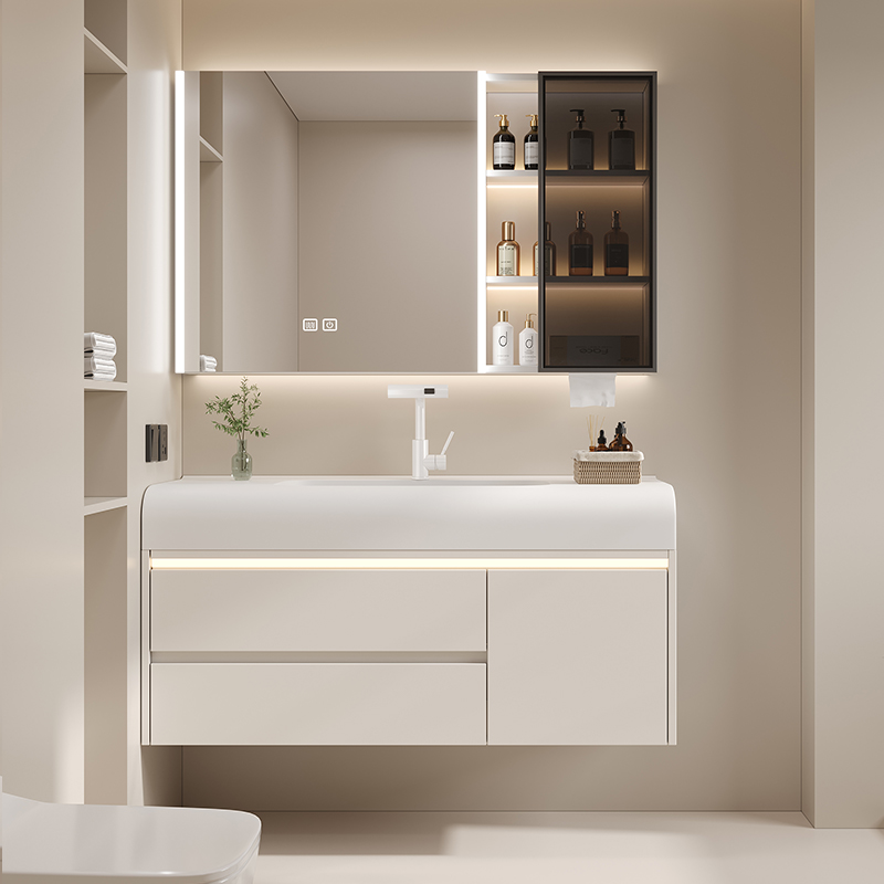 奶油风简约智能实木轻奢肤感一A体化妆室浴室柜镜柜组合洗漱台盆