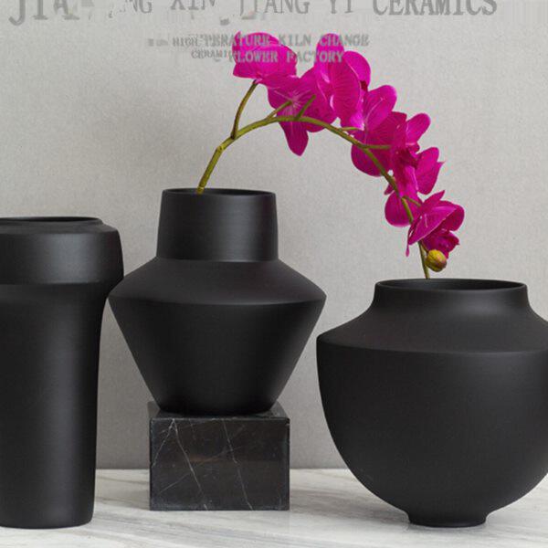 简约创意插花花器黑色陶罐花瓶现代家居饰品酒店售楼处样板房摆件