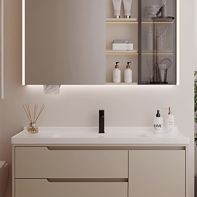 新款奶油风一体盆陶瓷盆浴u室柜组合卫生间洗脸洗手盆柜洗漱台盆