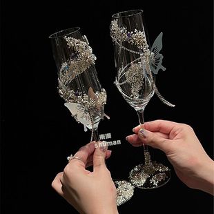 爆款ins风蝴蝶碎钻敬酒杯diy材料包送闺蜜朋友订婚新婚礼物拍照
