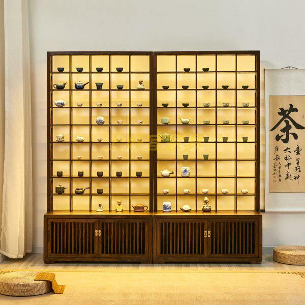 多宝阁带博古架实木带灯新中式玻璃展示柜瓷器紫砂壶格子架老榆木