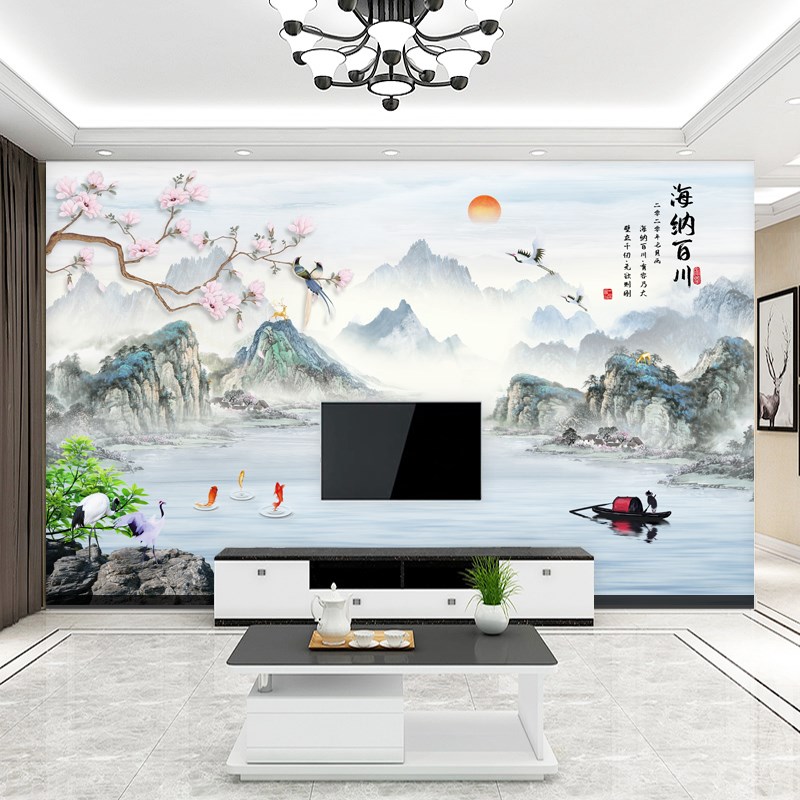 海纳百川新中式山水壁画电t视背景墙壁布3d立体壁纸客厅影视墙布8