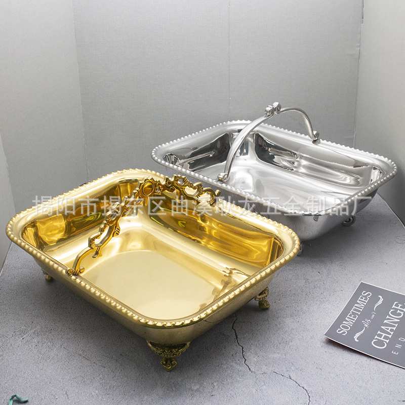 不锈钢毛巾盘手提毛巾篮酒店餐厅热毛巾托盘收纳筐水果篮新中式