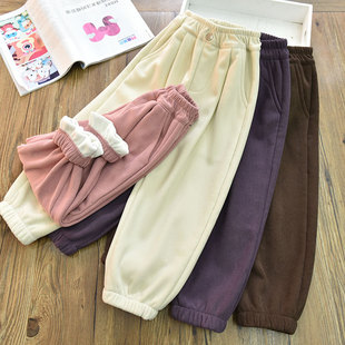 韩系洋派男女童一体灯芯绒休闲裤 冬 中大K童加厚灯笼条绒老爹裤