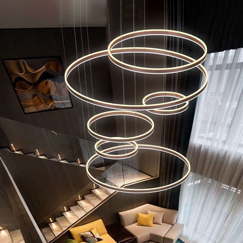 现代简约别墅客厅复式楼梯大吊灯轻奢创意圆环中空楼中楼Wloft吊