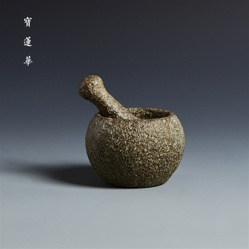 手工青石c小石臼 中式古典石擂钵 石茶宠手把件石头捣蒜器禅意摆