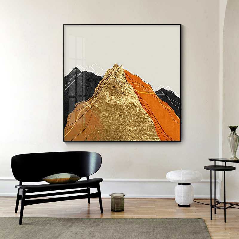 现代简约大气沙发后墙上客厅轻奢挂画橙色背靠金山装饰画餐厅壁画