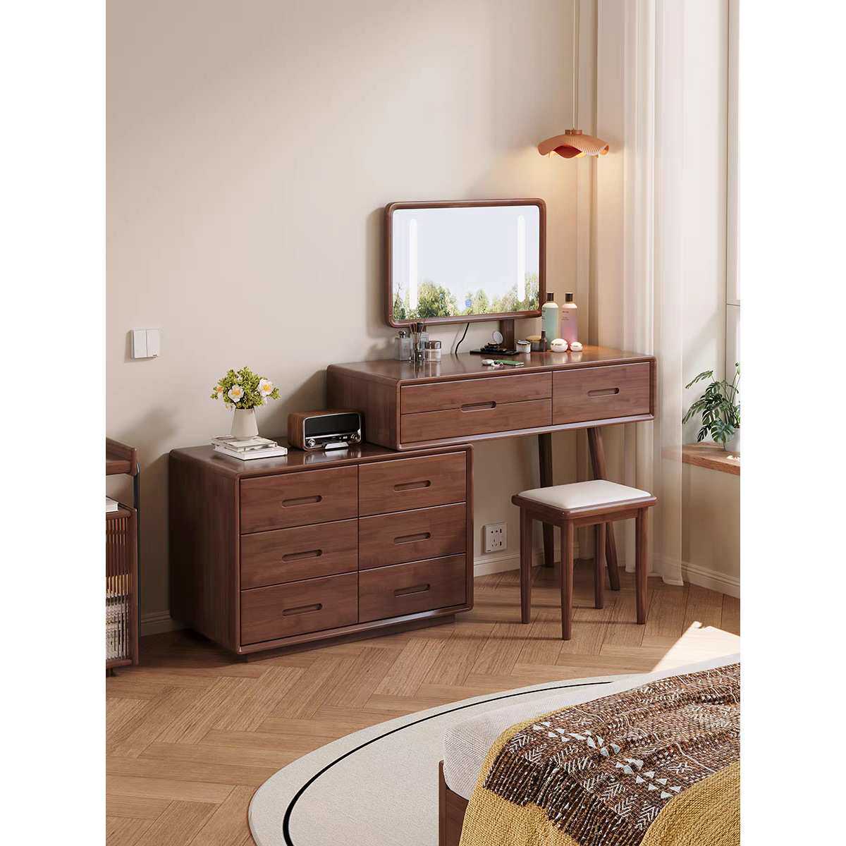 实木梳妆台斗柜一体化妆桌简约现代卧室可伸缩转角床尾六斗收纳柜