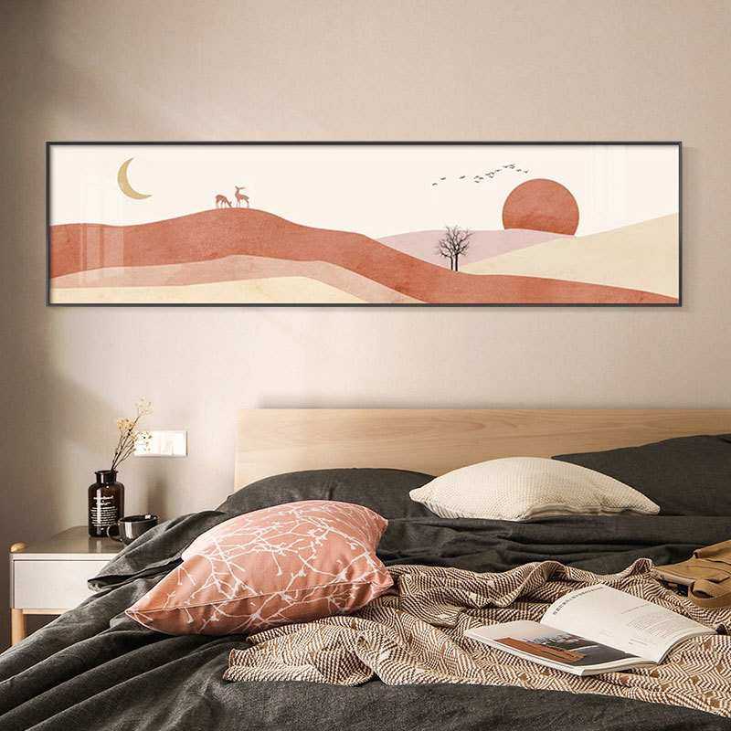 莫兰迪风景卧室装饰画温馨床头壁画现代简约日月横版抽象轻奢挂画
