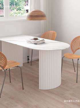 北欧岩板餐桌小户型饭桌 靠墙白色用餐桌椅组合 轻奢岛台长方形