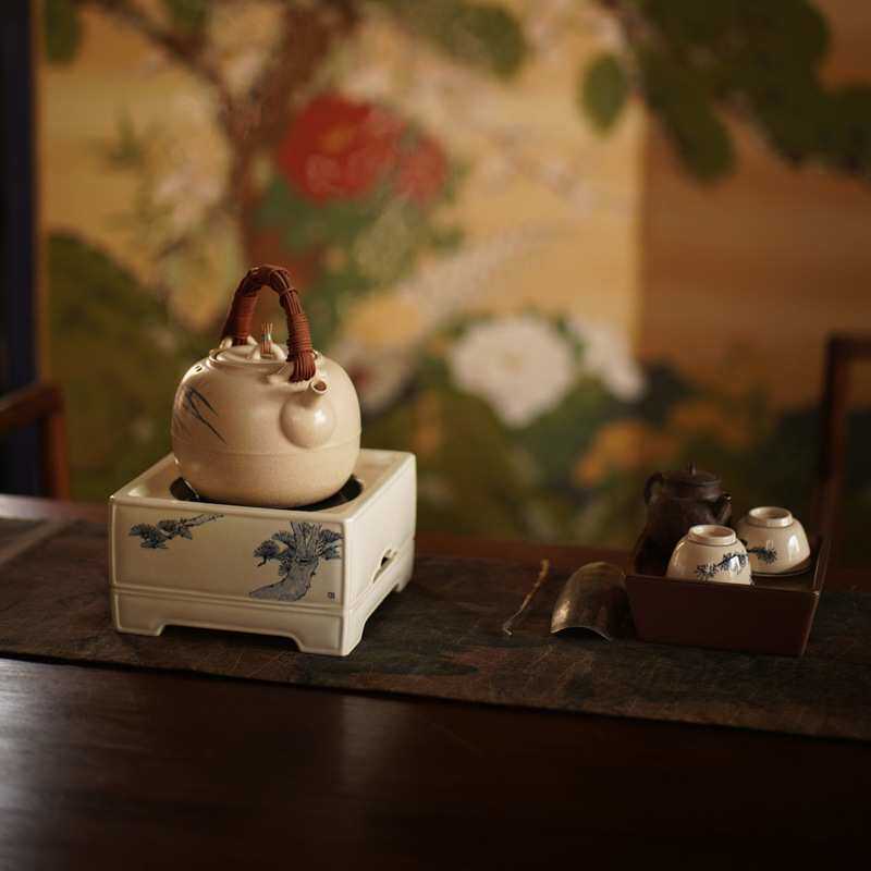 梵山堂苏打釉青花松树明式四方电陶炉陶瓷手绘茶具煮茶壶一件代发