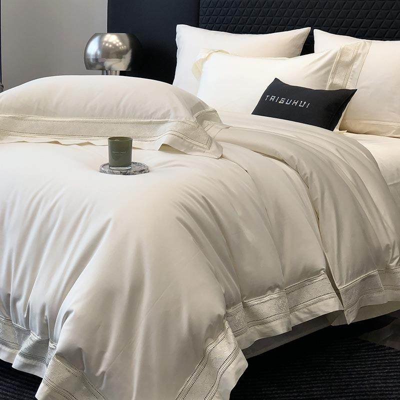轻奢风100支长绒棉全棉四件套纯棉法式简约贡缎纯色丝滑裸睡被套