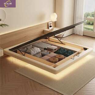 现代奶油简约双人床新款无床头悬浮储物床小户型主卧意式双人床