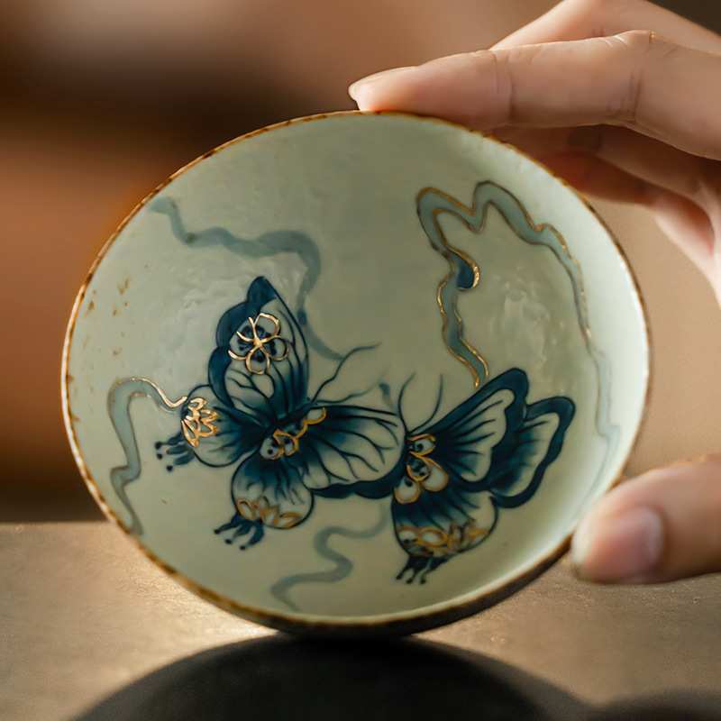 青花火石红宽口杯普洱茶杯描金纯手绘蝴蝶茶碗喝茶杯个人专用