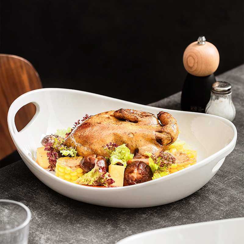 厂家大号双耳提拉手陶瓷沙拉酒店大盘鸡西餐深盘好看高级刺身摆盘