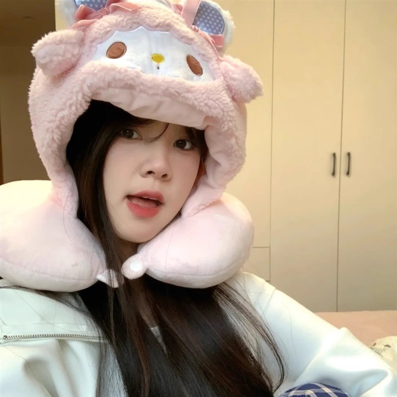 可爱小羊连帽U型j枕护颈枕女卡通脖枕旅游便携飞机枕颈椎枕午睡u