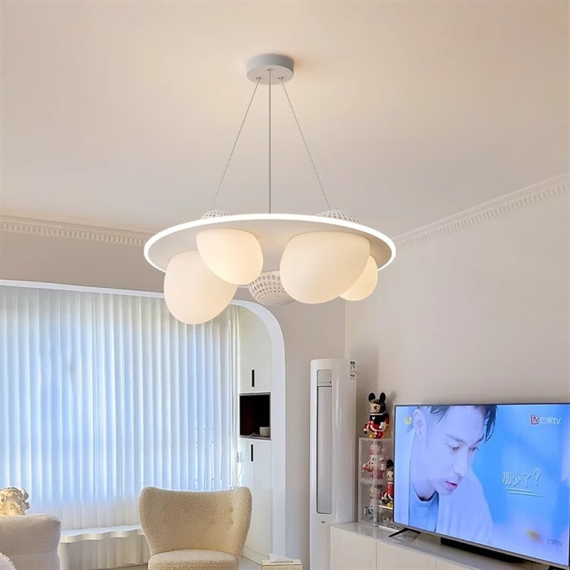 卧室灯吊灯现代简约白色圆形客厅鹅卵石灯北欧餐厅奶油Z风长线吊