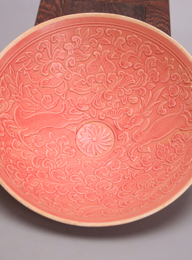 宋定窑红釉鹿图斗笠碗q 盘子 仿宋代旧货瓷器古玩 山一林烟河外